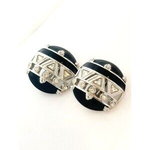 Vintage Ivana Trump Black Enamel Rhinestone Clip On Earrings Silver Tone Runway